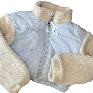 For Love & Lemons Nico Cropped Puffer Coat Baby Blue Cream Sherpa Sz XL NWT
